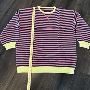 Women’s Sweatshirt Green Pink Stripe Oversized Contrast Knit Round Pullover XL